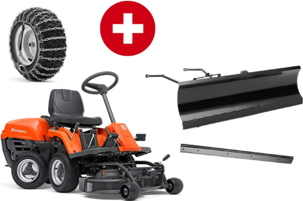 Husqvarna Frontmäher R 112C mit Mähdeck Combi 85 - Winterpaket mit Schneeschild, Gummileiste und Schneeketten - Modell 2025